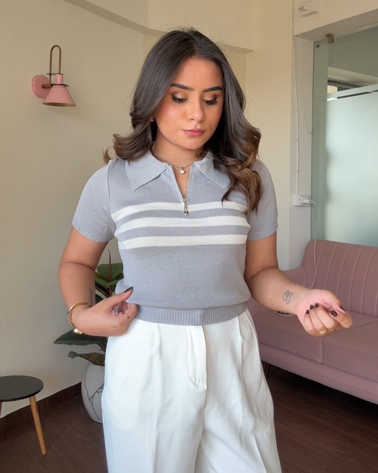 Striped Zipper Polo Tee