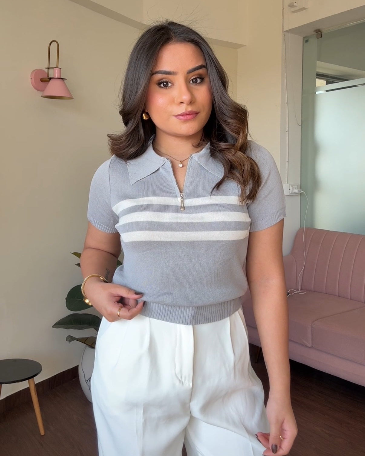 Striped Zipper Polo Tee