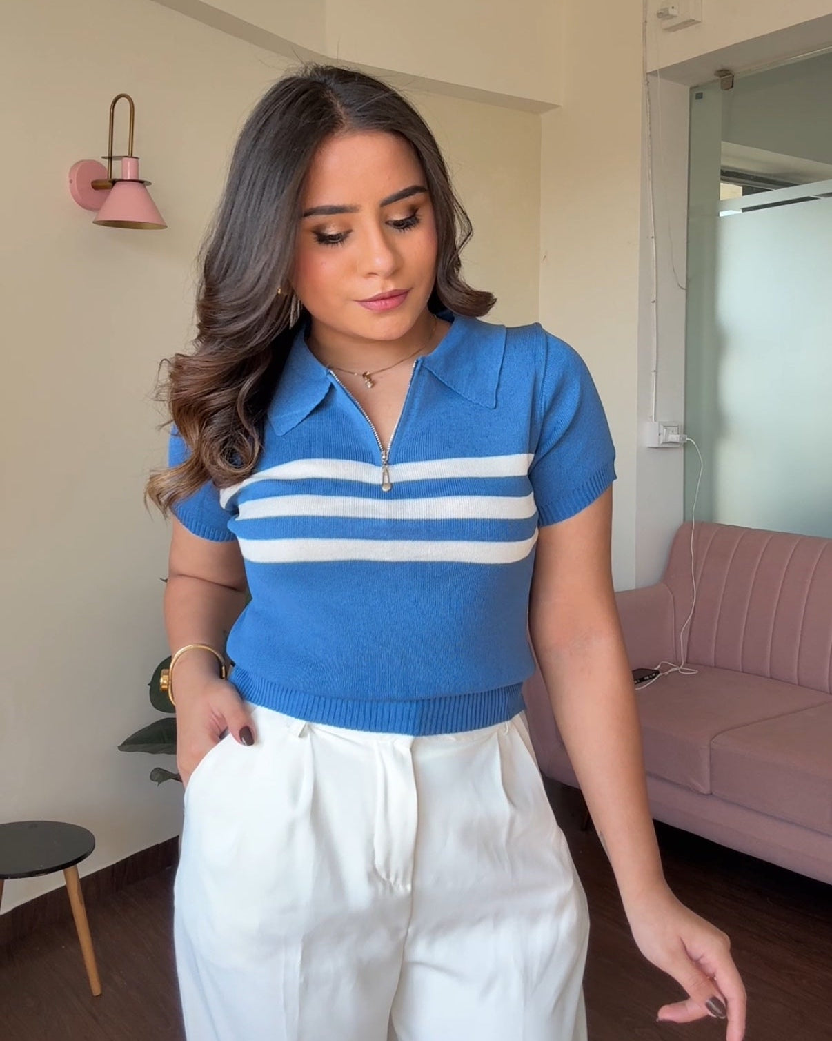 Striped Zipper Polo Tee