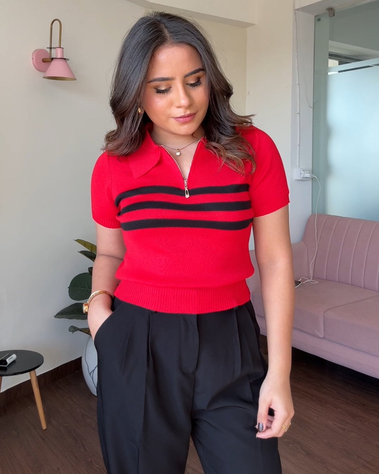 Striped Zipper Polo Tee