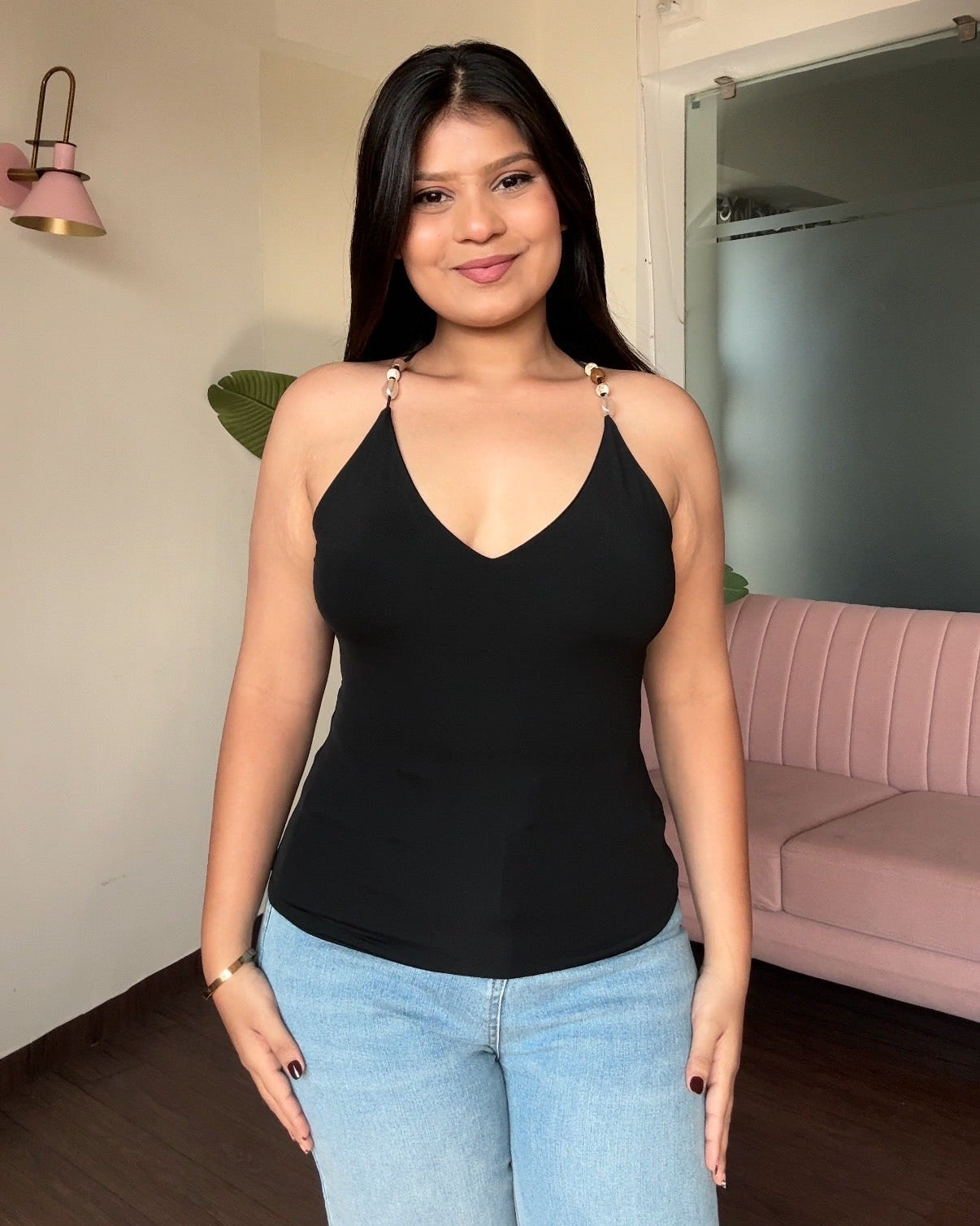 Beaded Strappy V Neck Cami Top