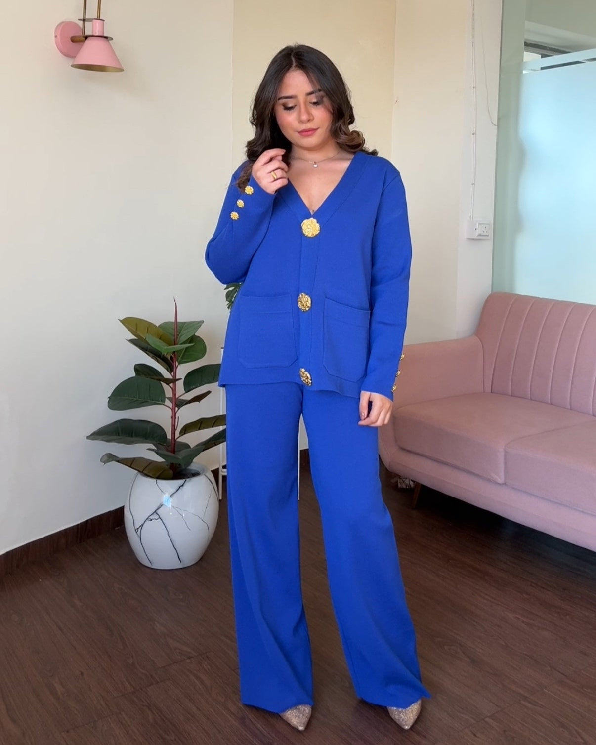 V neck Golden Button Co-ord Set