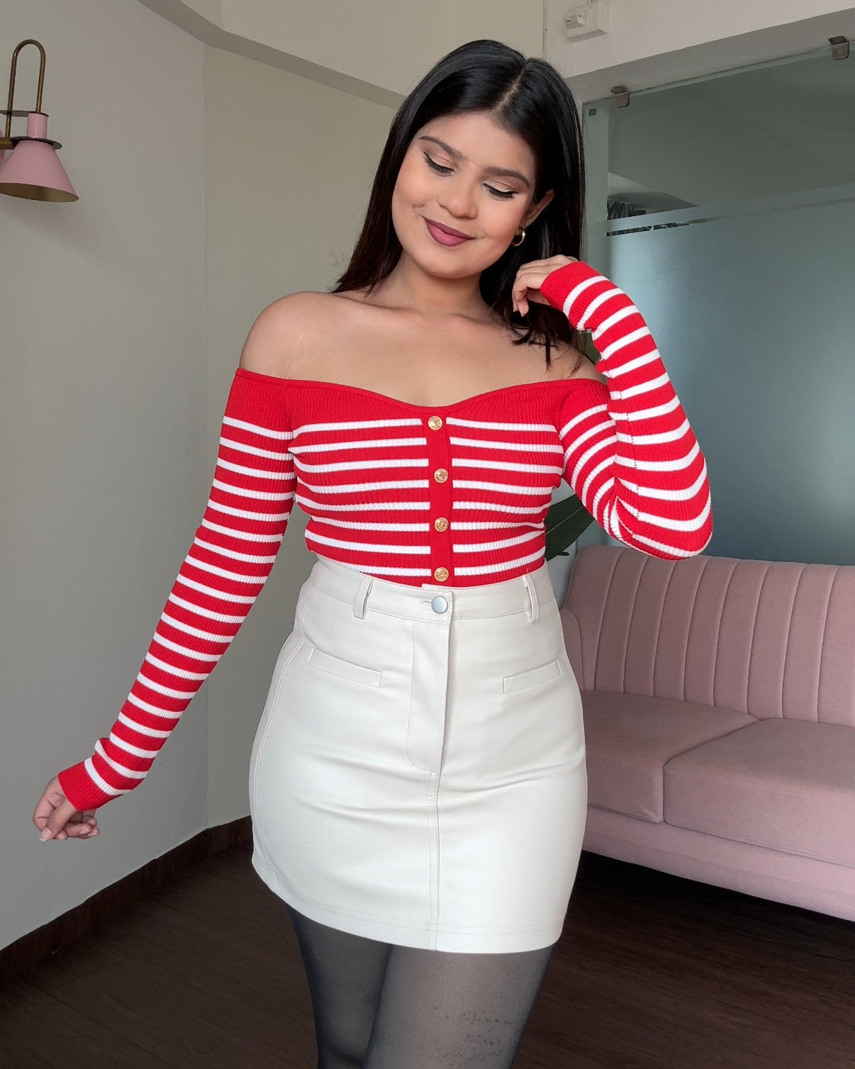 Off Shoulder Strip Detailing Golden Button Top