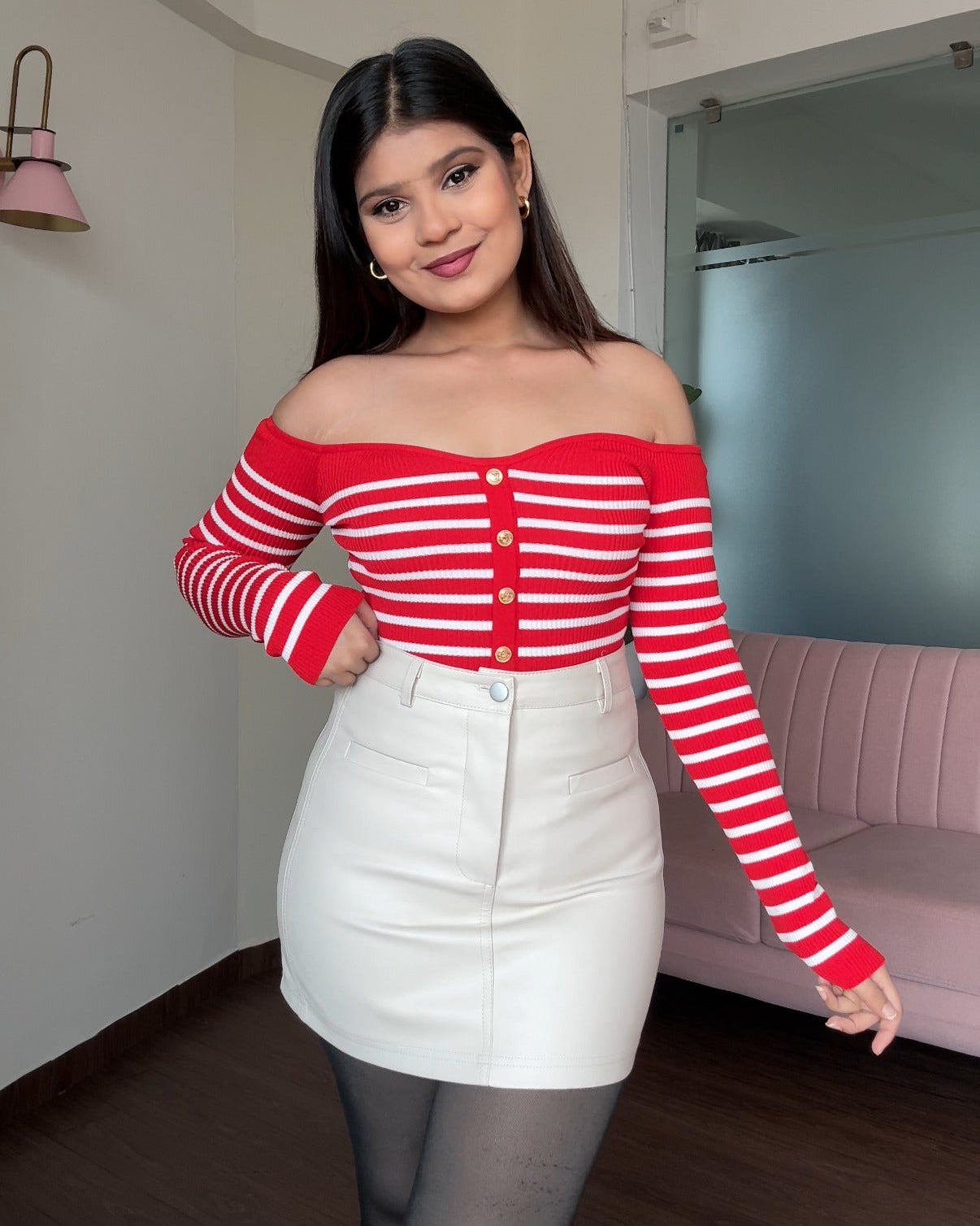 Off Shoulder Strip Detailing Golden Button Top