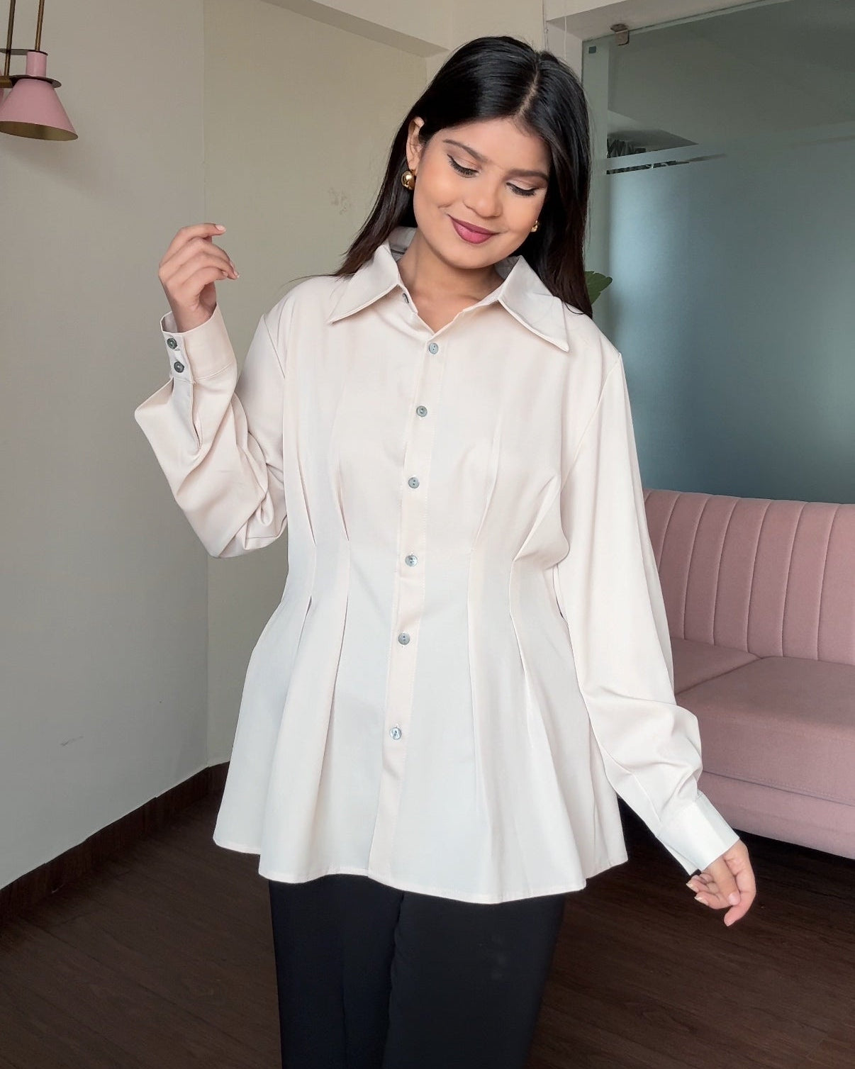 Waist Detailing Button Down Peplum Top