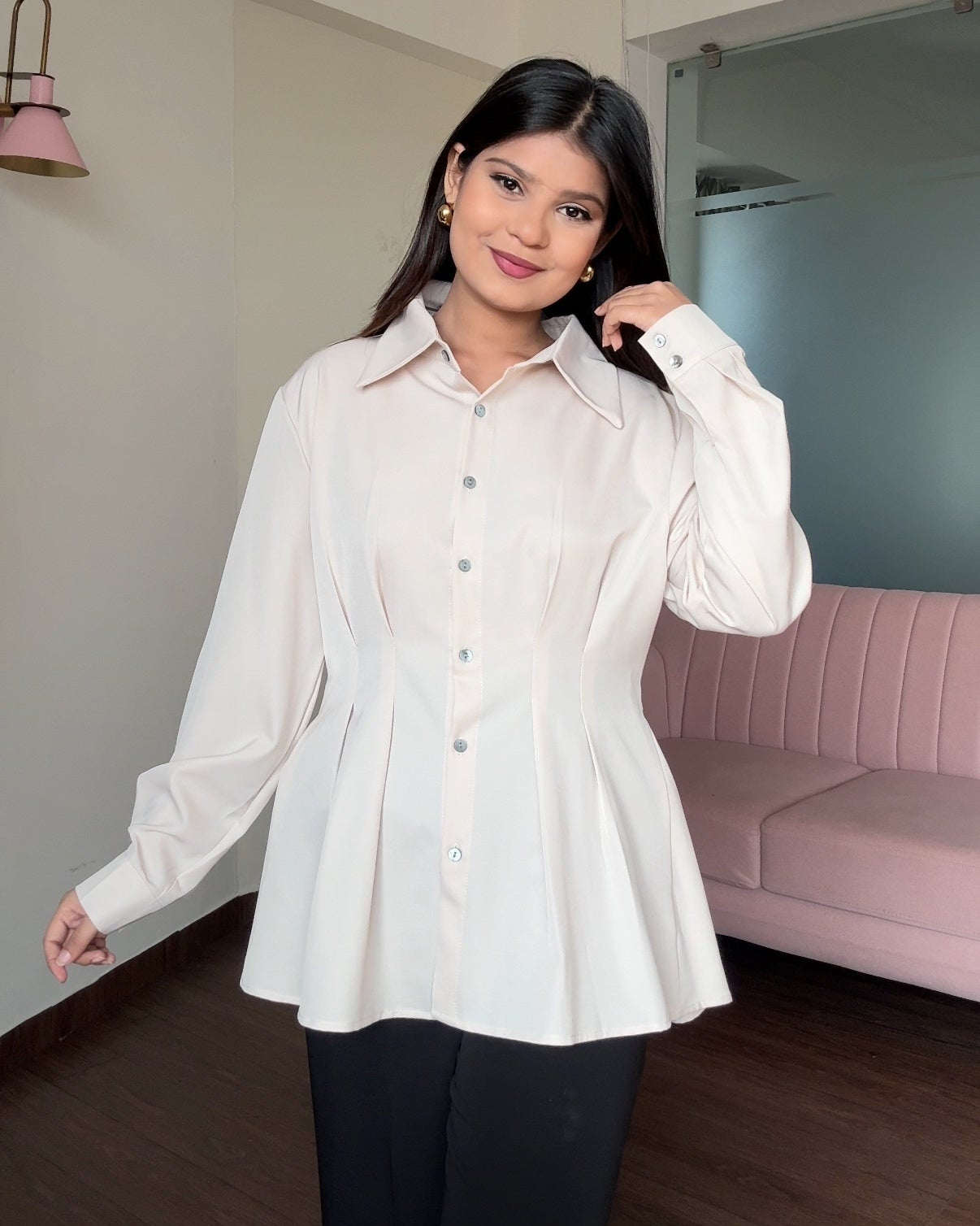 Waist Detailing Button Down Peplum Top