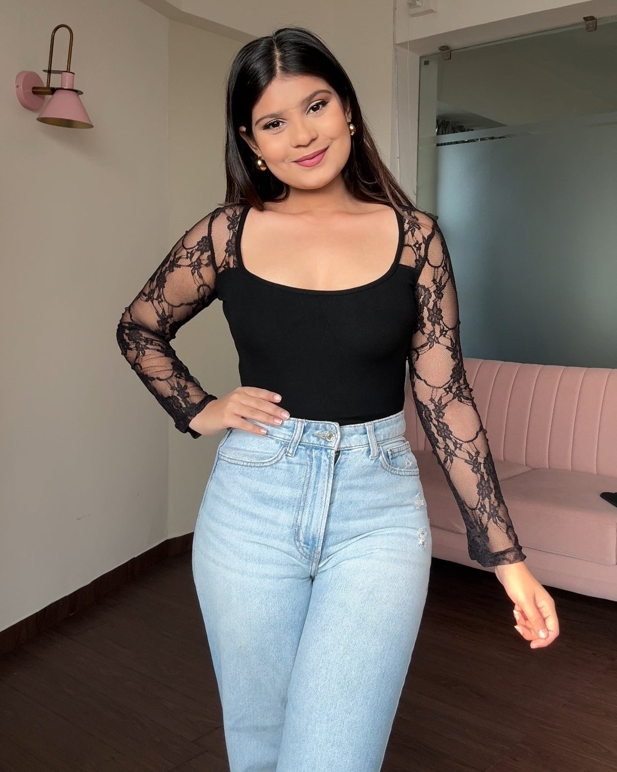 Lace Detailing Full Sleeve Fitted Top