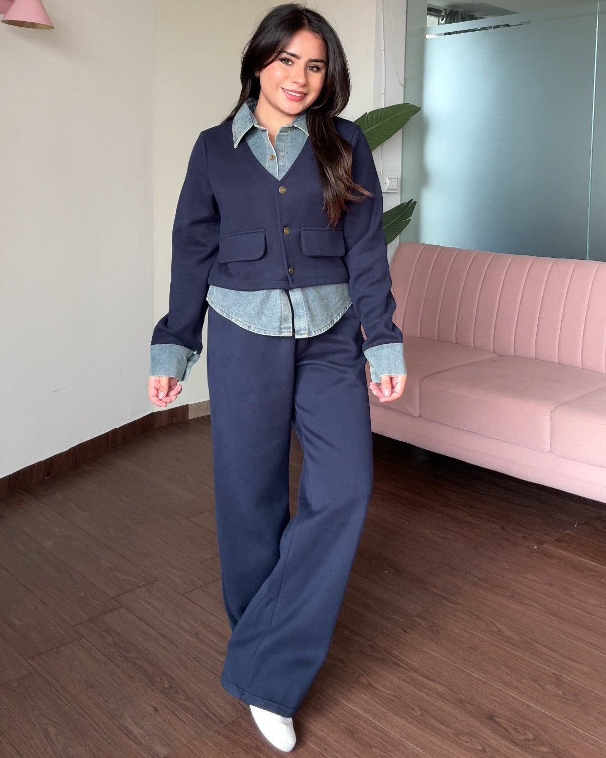 Denim Cardigan Detailing Denim Co-ord Set