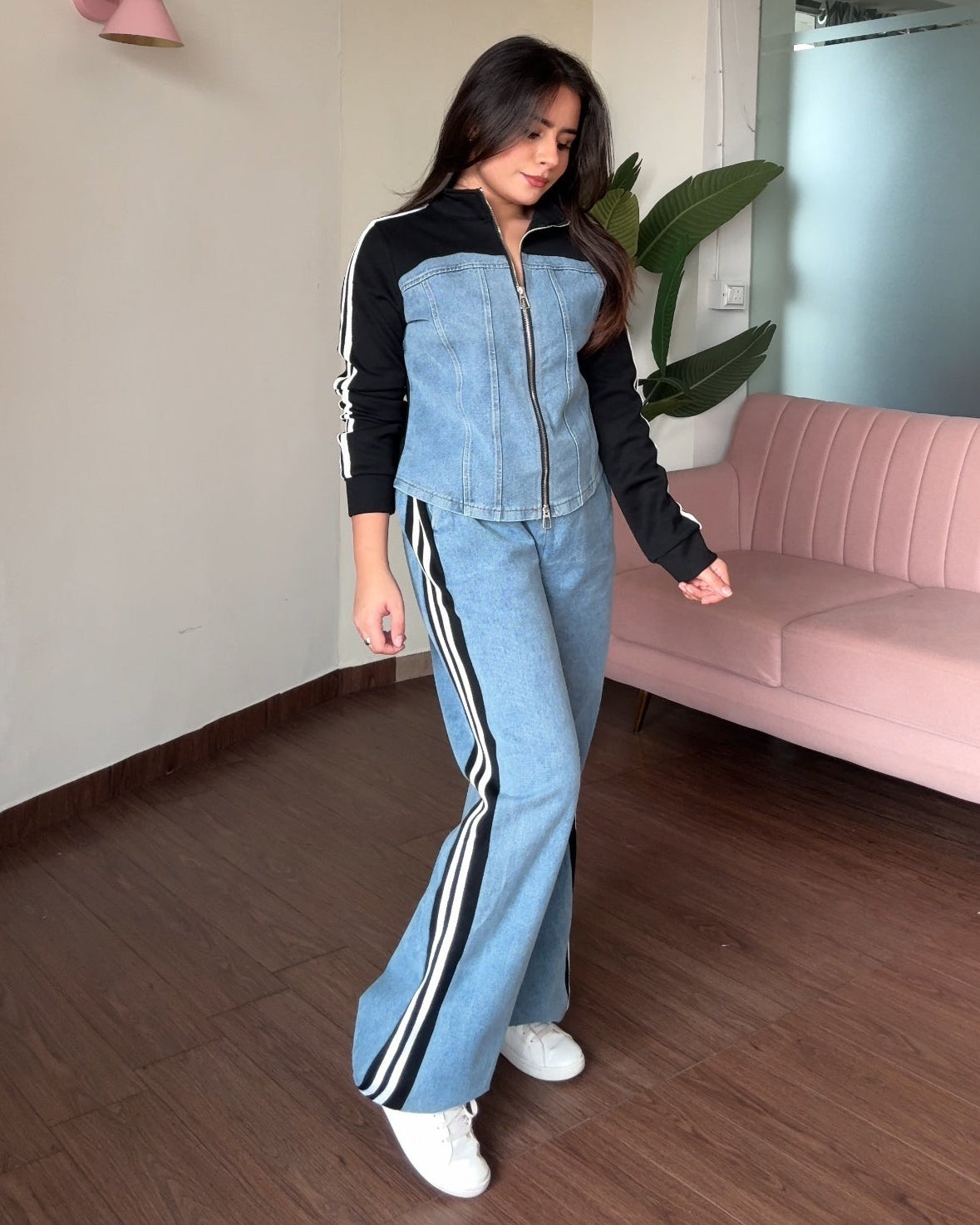 Denim Zip Up Contrast Detailing Co-ord Set