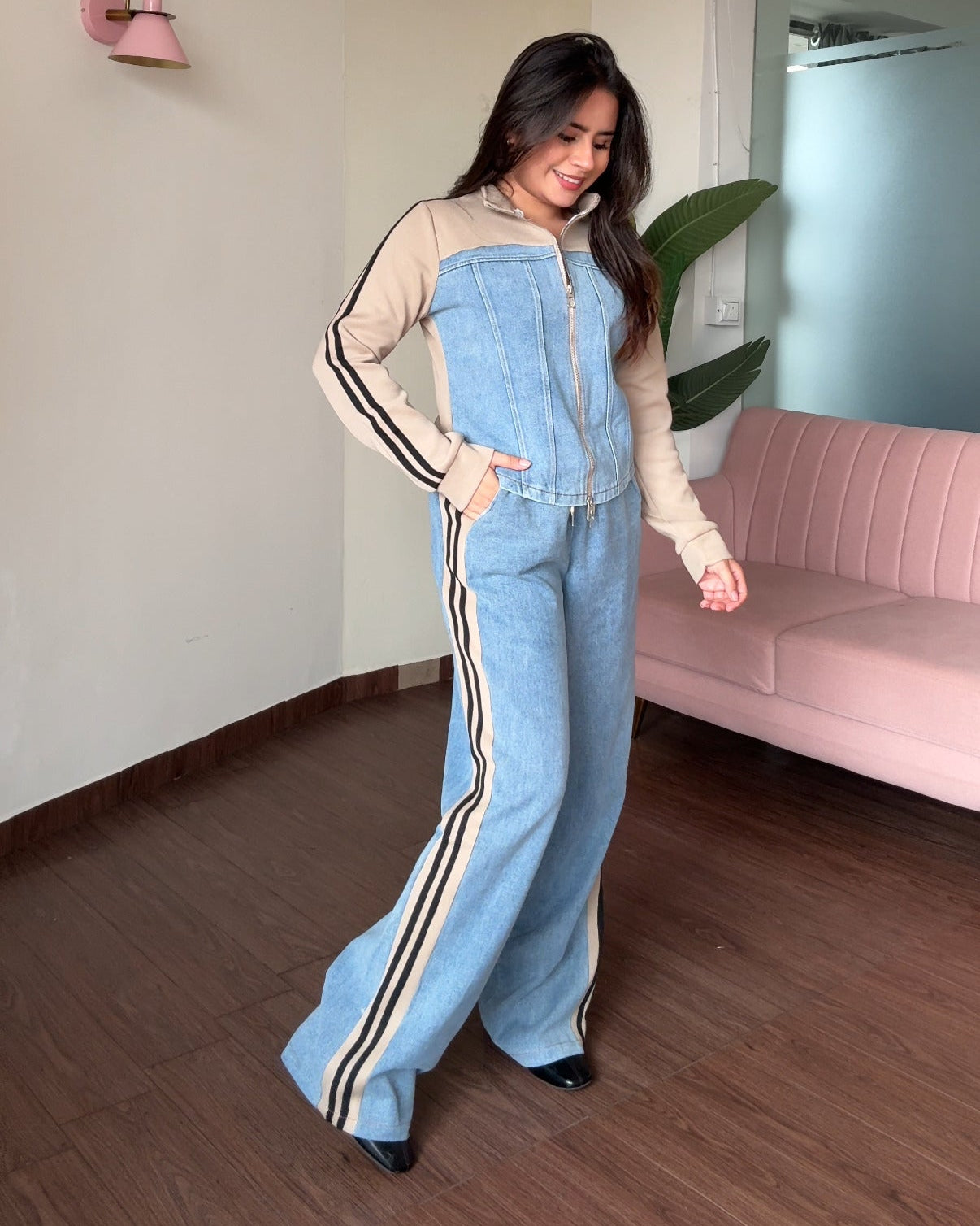 Denim Zip Up Contrast Detailing Co-ord Set