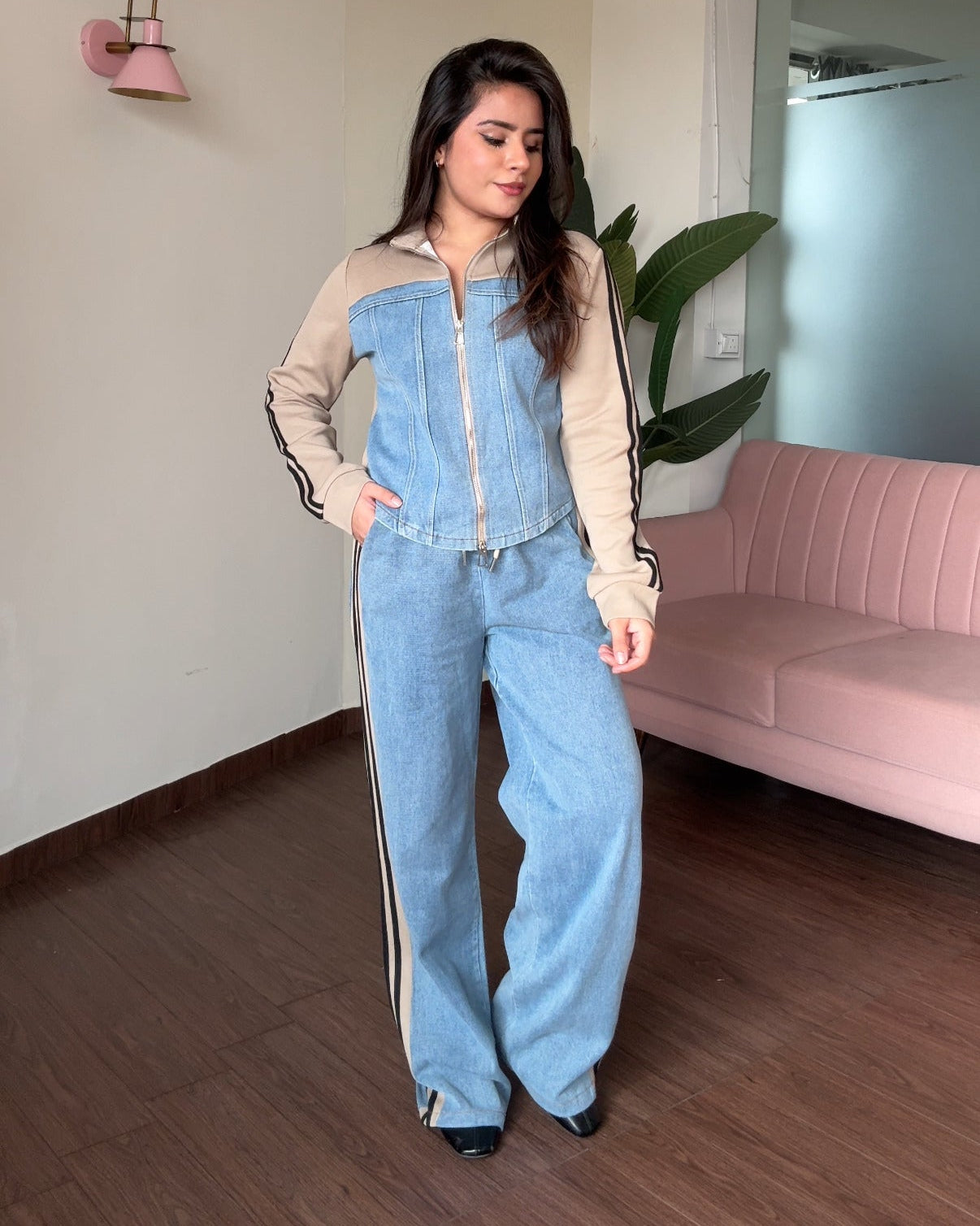 Denim Zip Up Contrast Detailing Co-ord Set