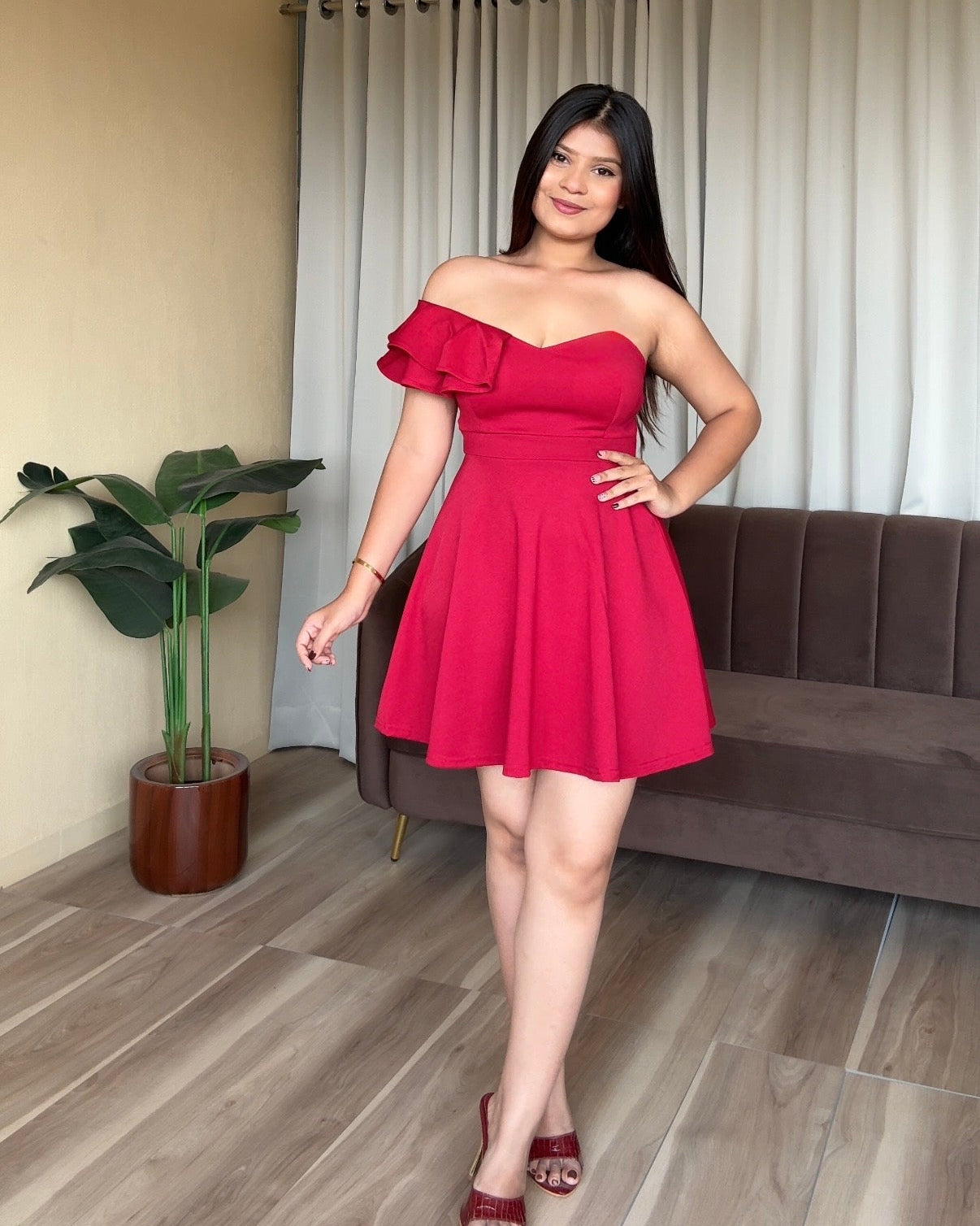 Sweetheart Ruffle Detailing Padded Skater Dress