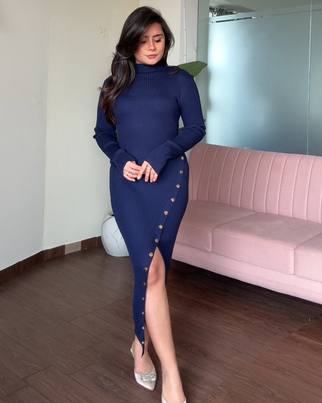 Golden Button Slit Detailing High Neck Midi Dress