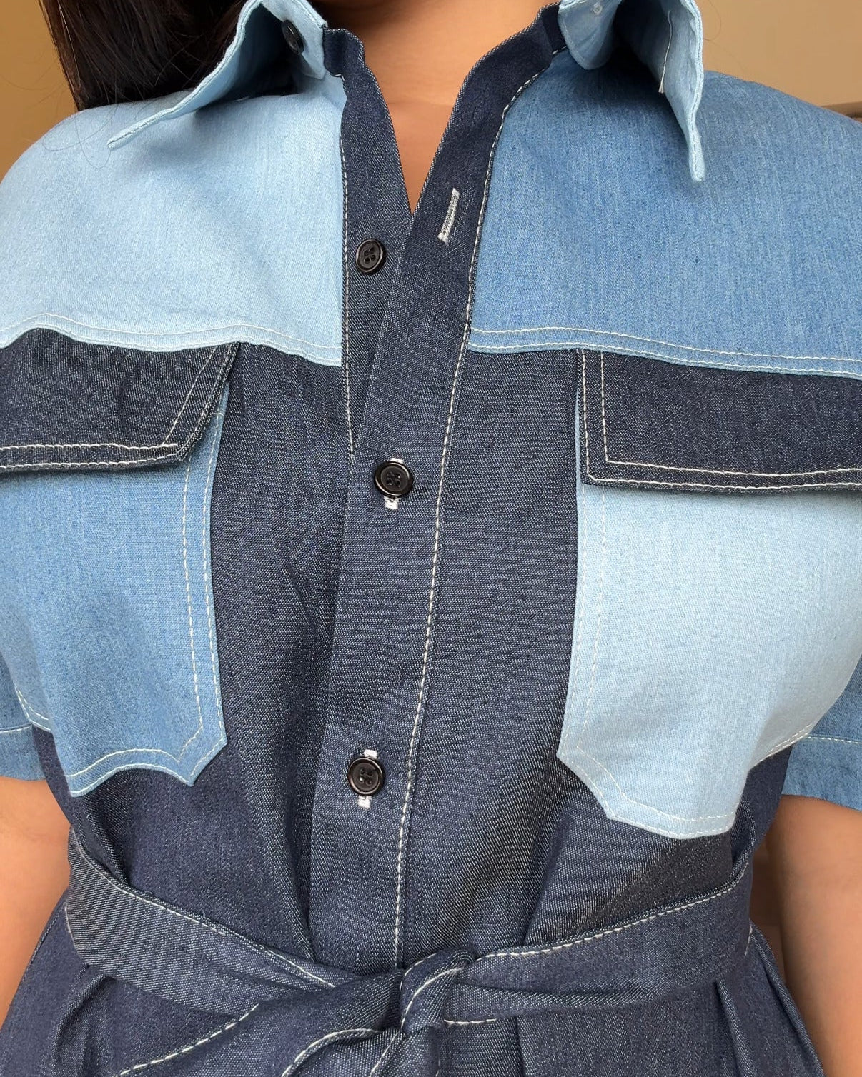 Patchwork Denim Midi Shirt Dress