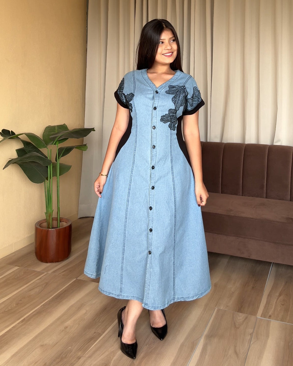 Flower Contrast Detailing Denim Midi Dress