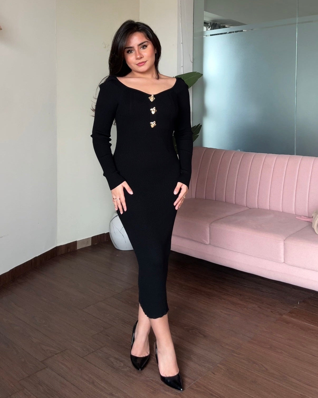 Golden Button Textured Detailing Full Sleeve Midi Dress