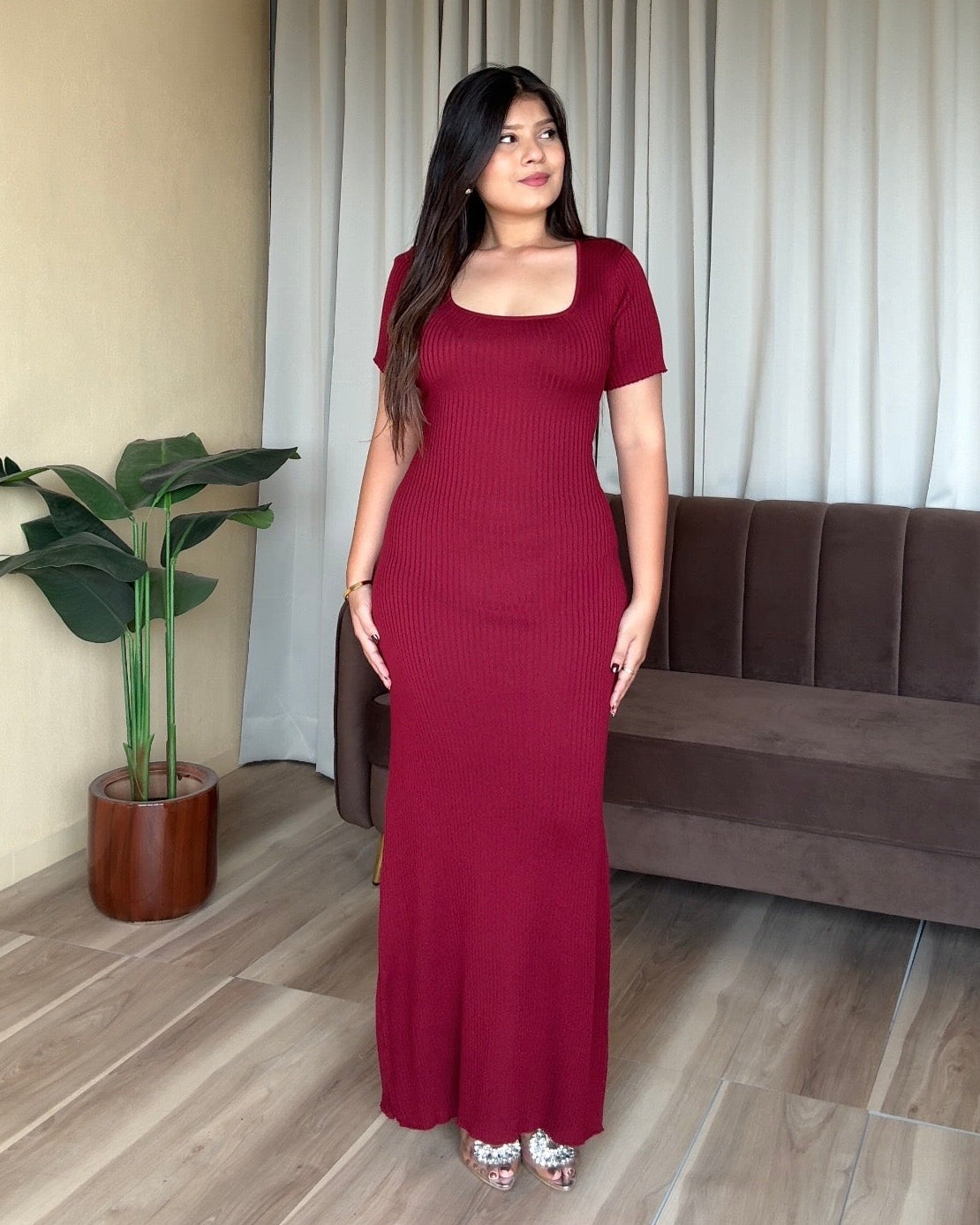 Corset Back Half Sleeve Ribbed Maxi Dress