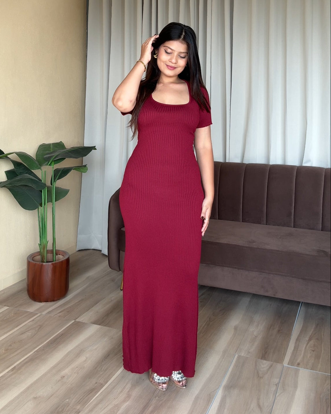Corset Back Half Sleeve Ribbed Maxi Dress