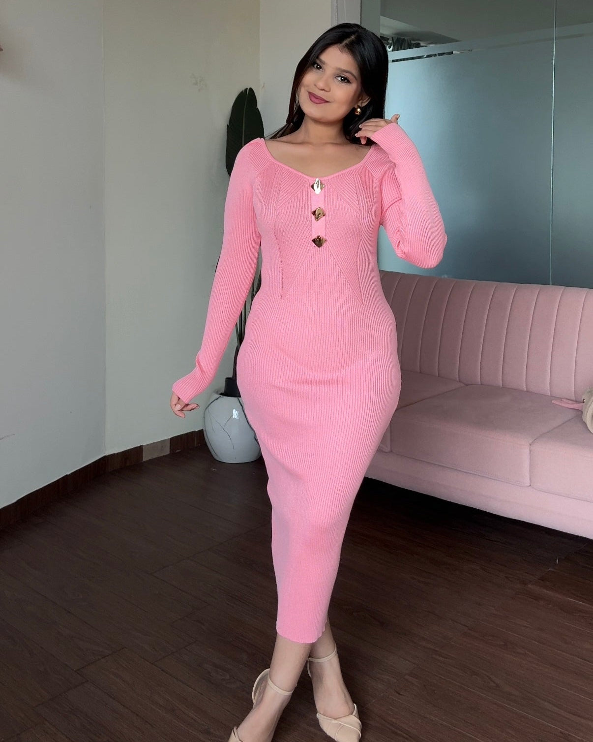 Golden Button Textured Detailing Full Sleeve Midi Dress