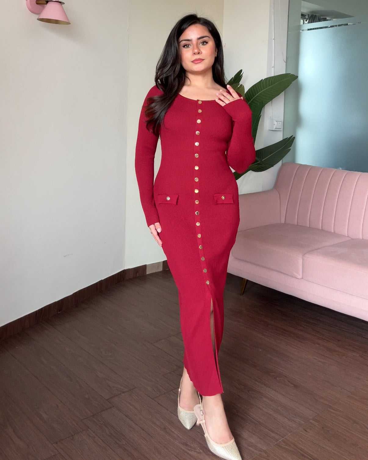 Round Neck Golden Button Midi Dress