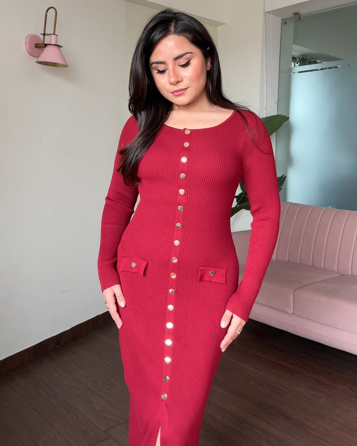 Round Neck Golden Button Midi Dress