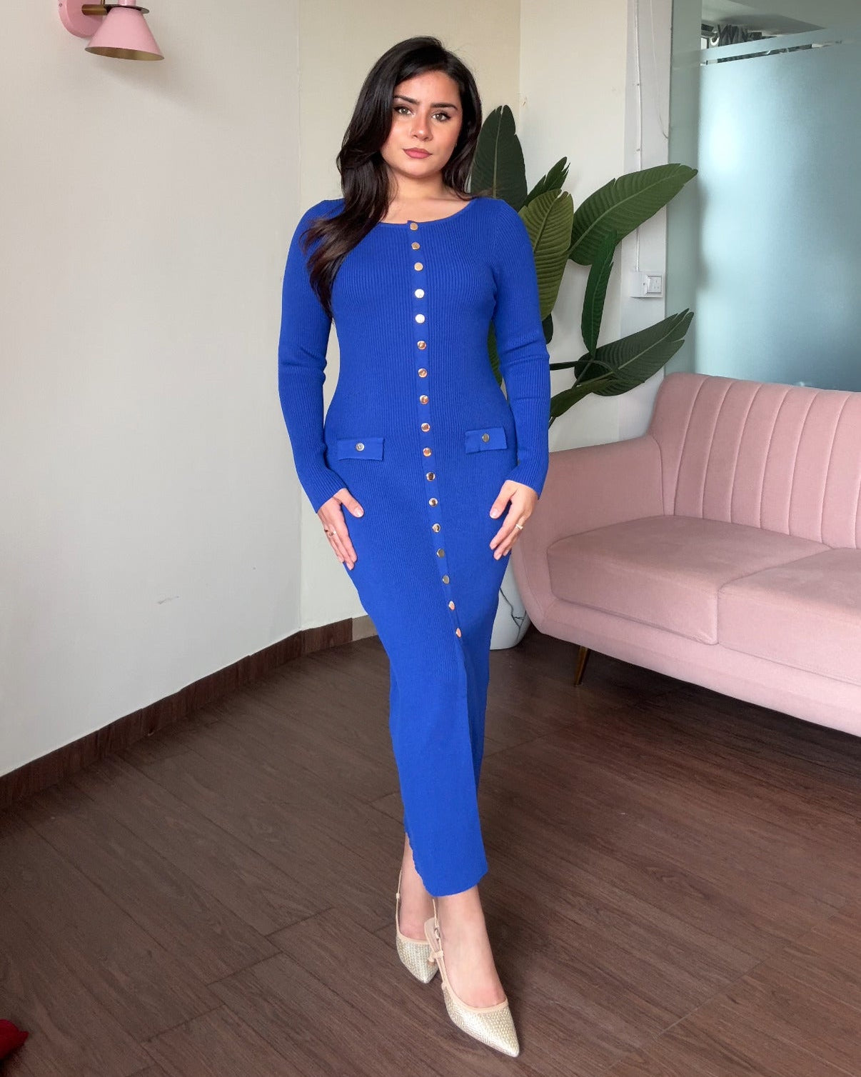 Round Neck Golden Button Midi Dress