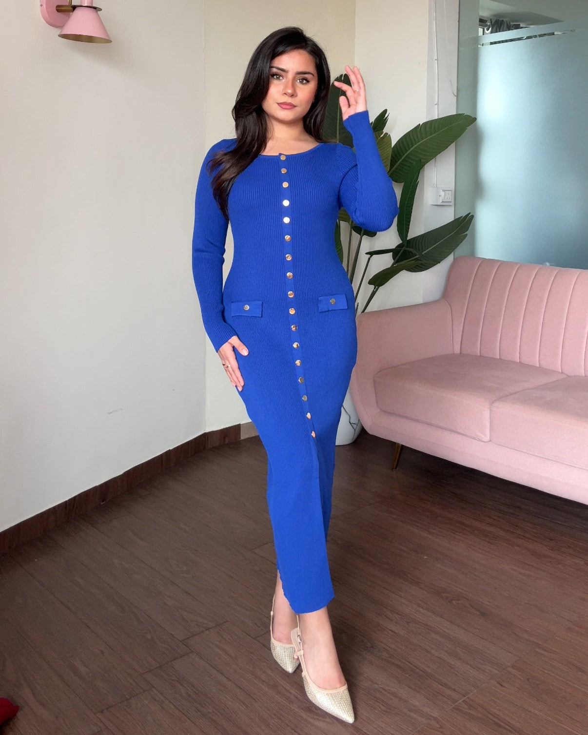 Round Neck Golden Button Midi Dress