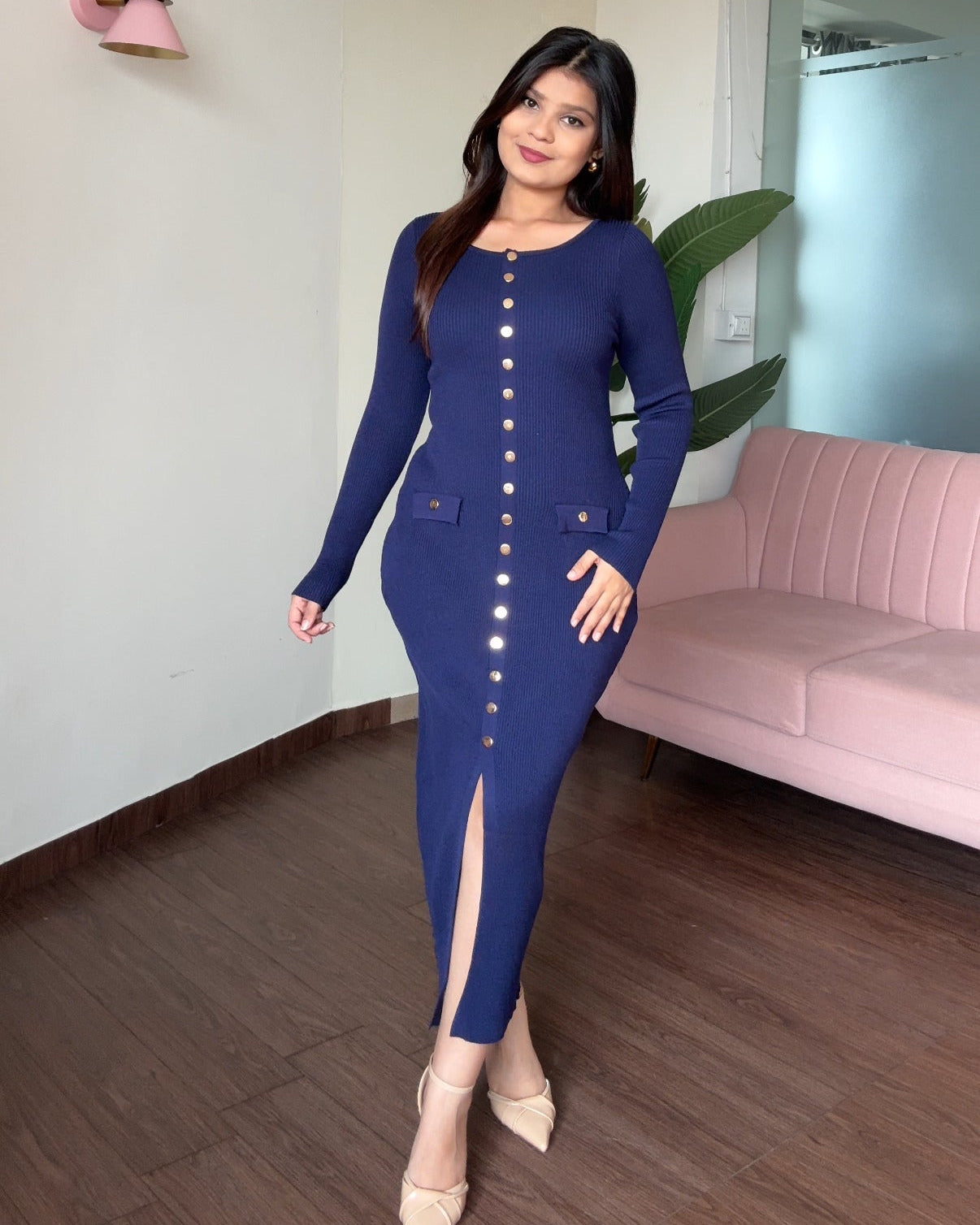 Round Neck Golden Button Midi Dress