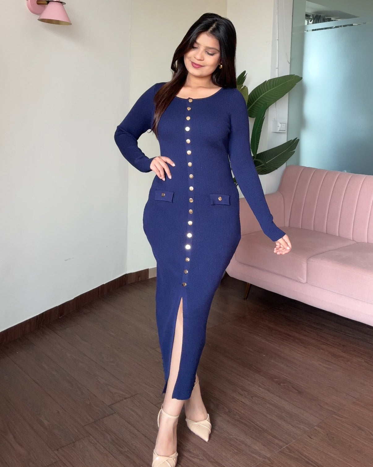 Round Neck Golden Button Midi Dress