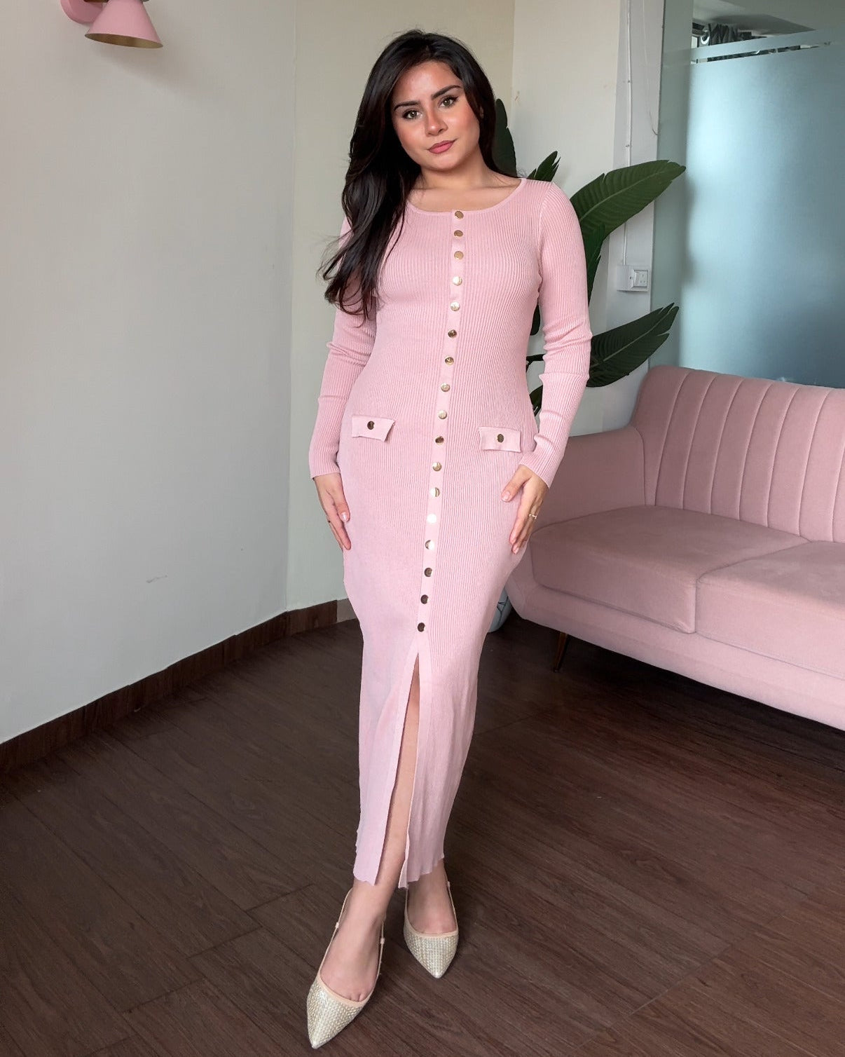 Round Neck Golden Button Midi Dress