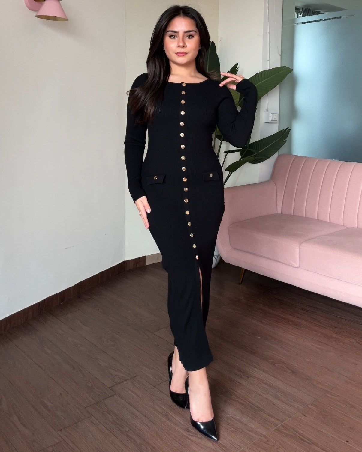 Round Neck Golden Button Midi Dress