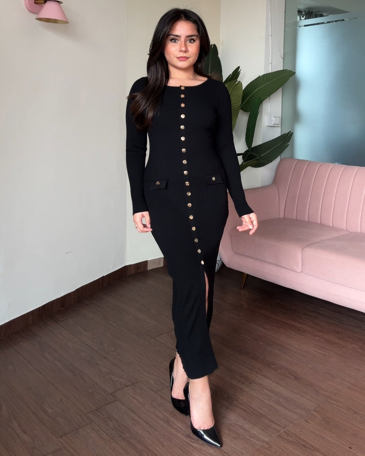 Round Neck Golden Button Midi Dress