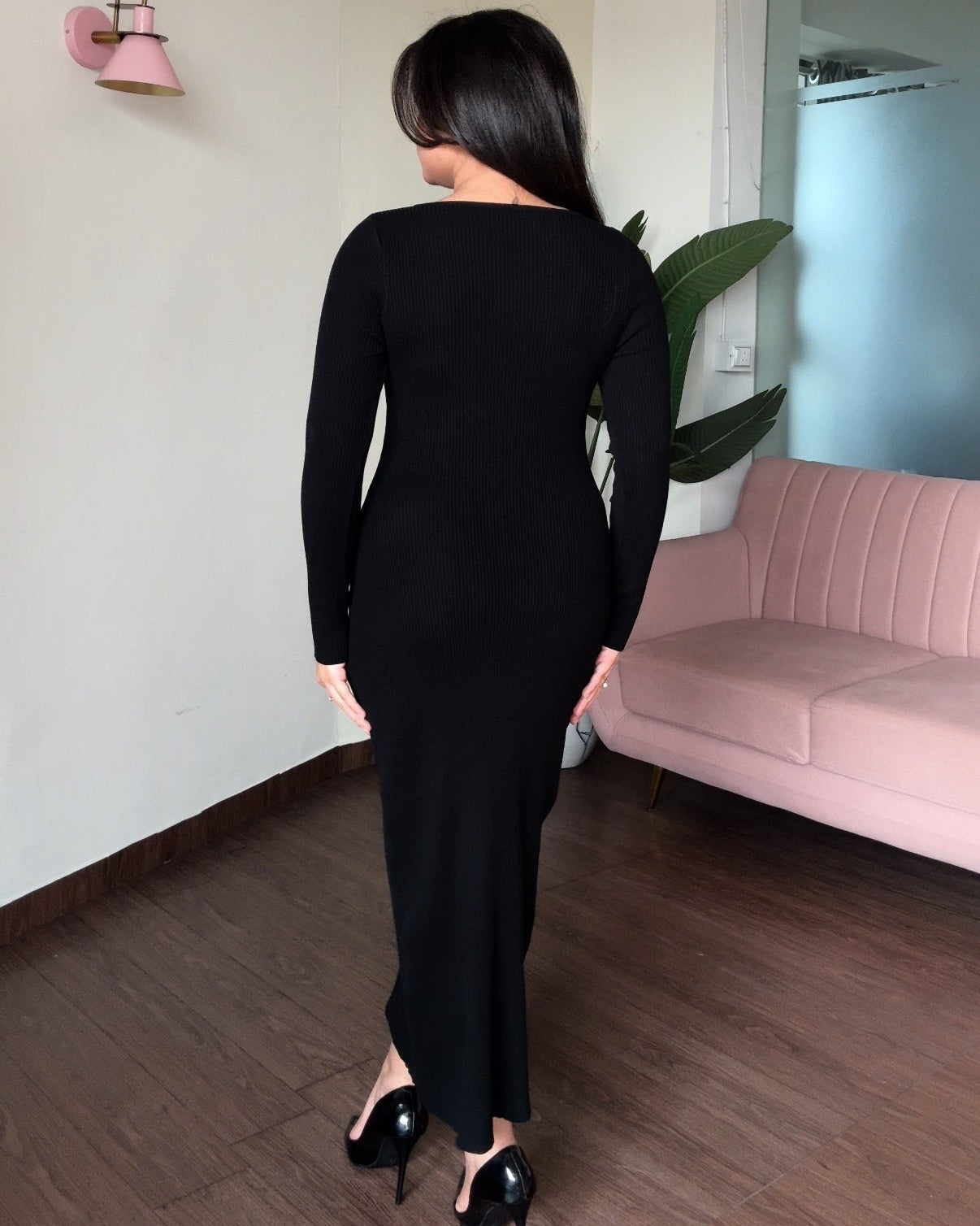 Round Neck Golden Button Midi Dress