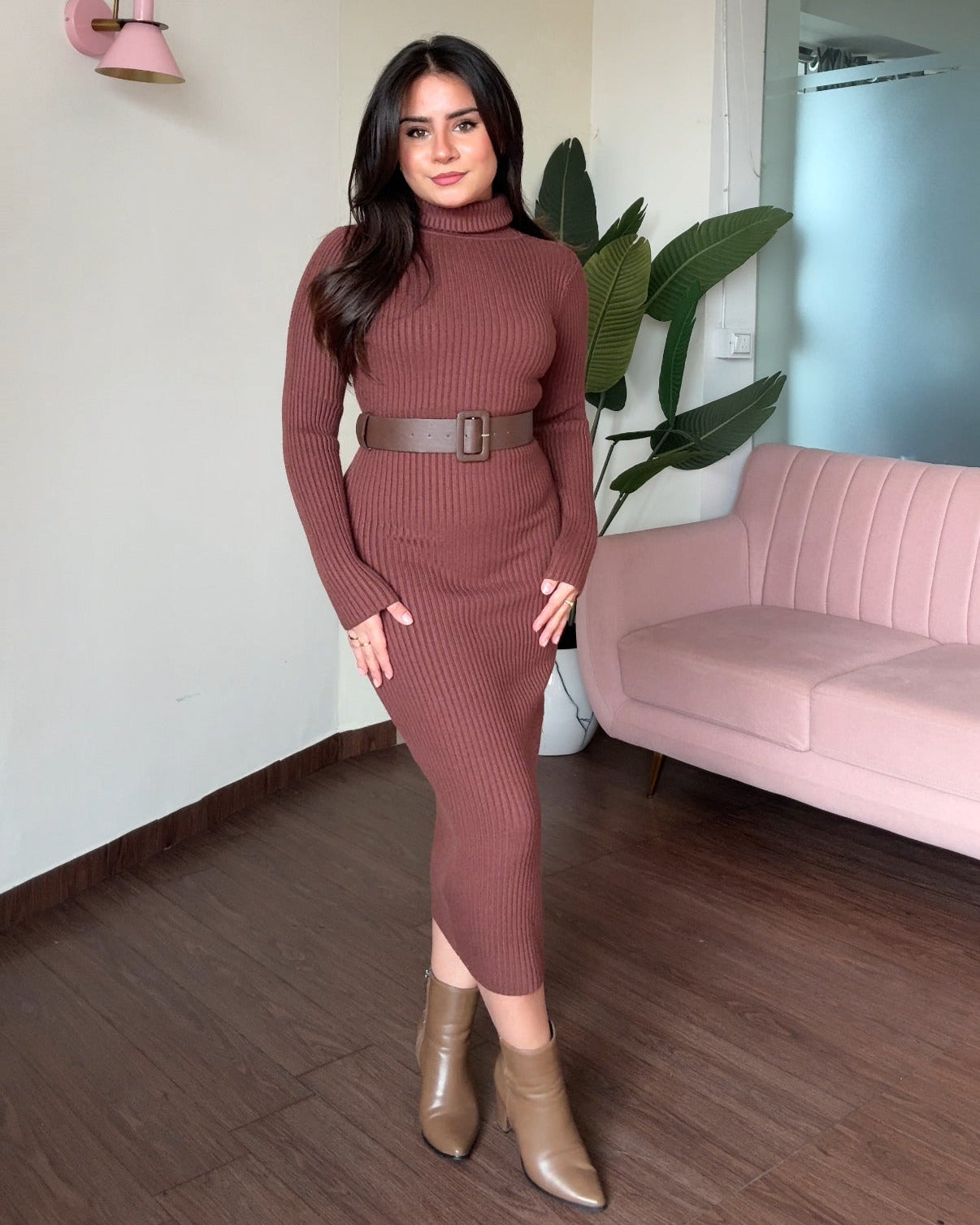 Turtle Neck Bodycon Midi Dress With Belt