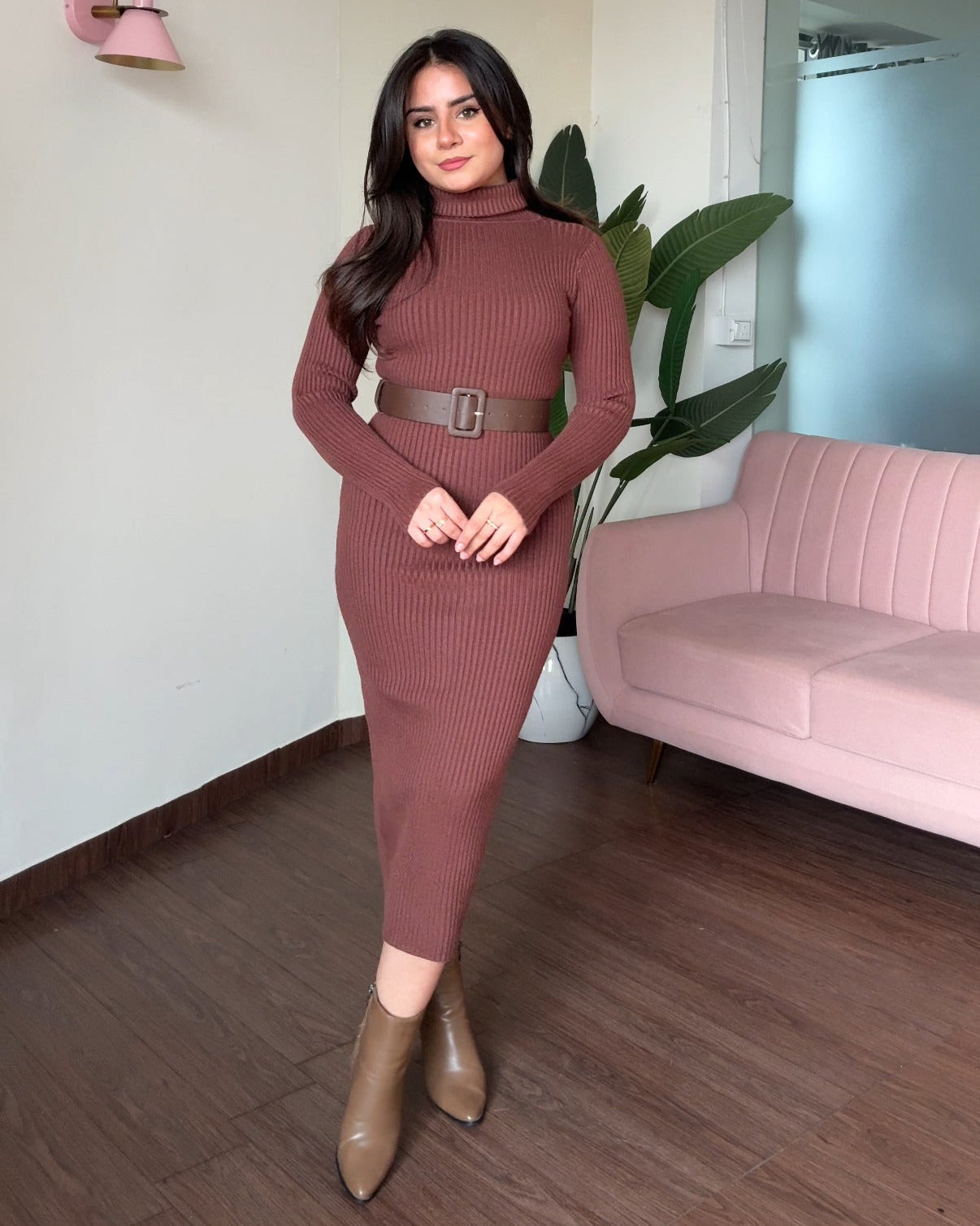 Turtle Neck Bodycon Midi Dress With Belt