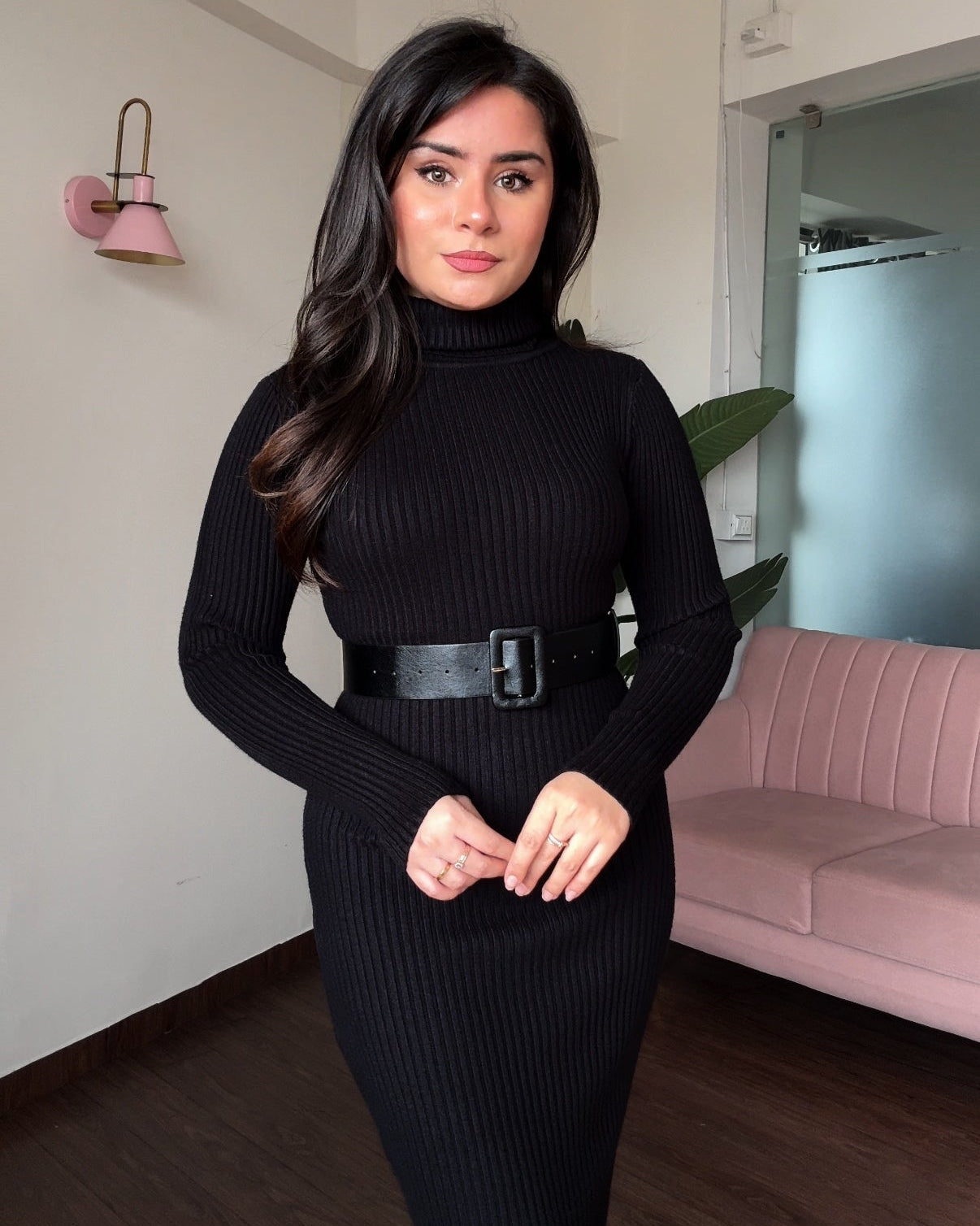 Turtle Neck Bodycon Midi Dress With Belt