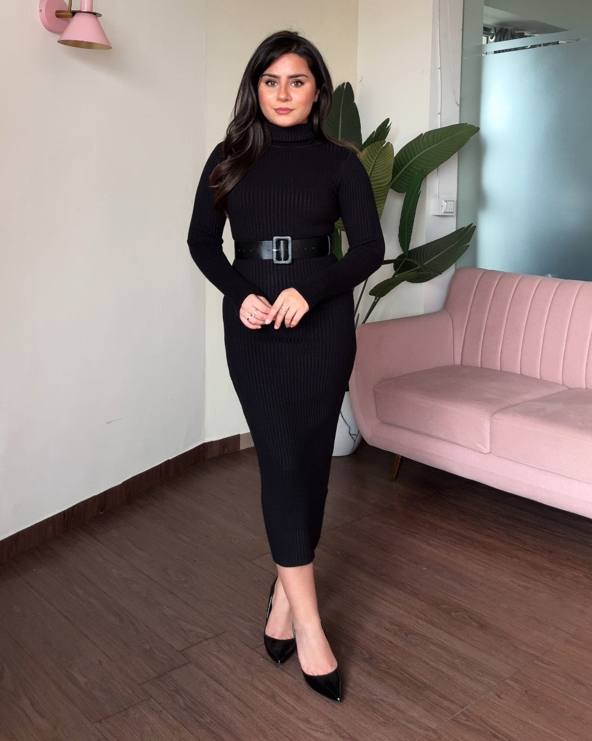 Turtle Neck Bodycon Midi Dress With Belt