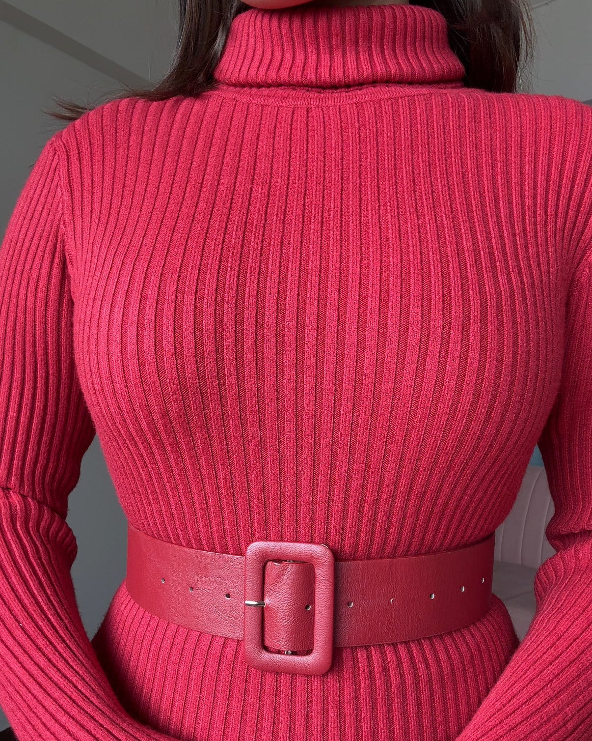 Turtle Neck Bodycon Midi Dress With Belt