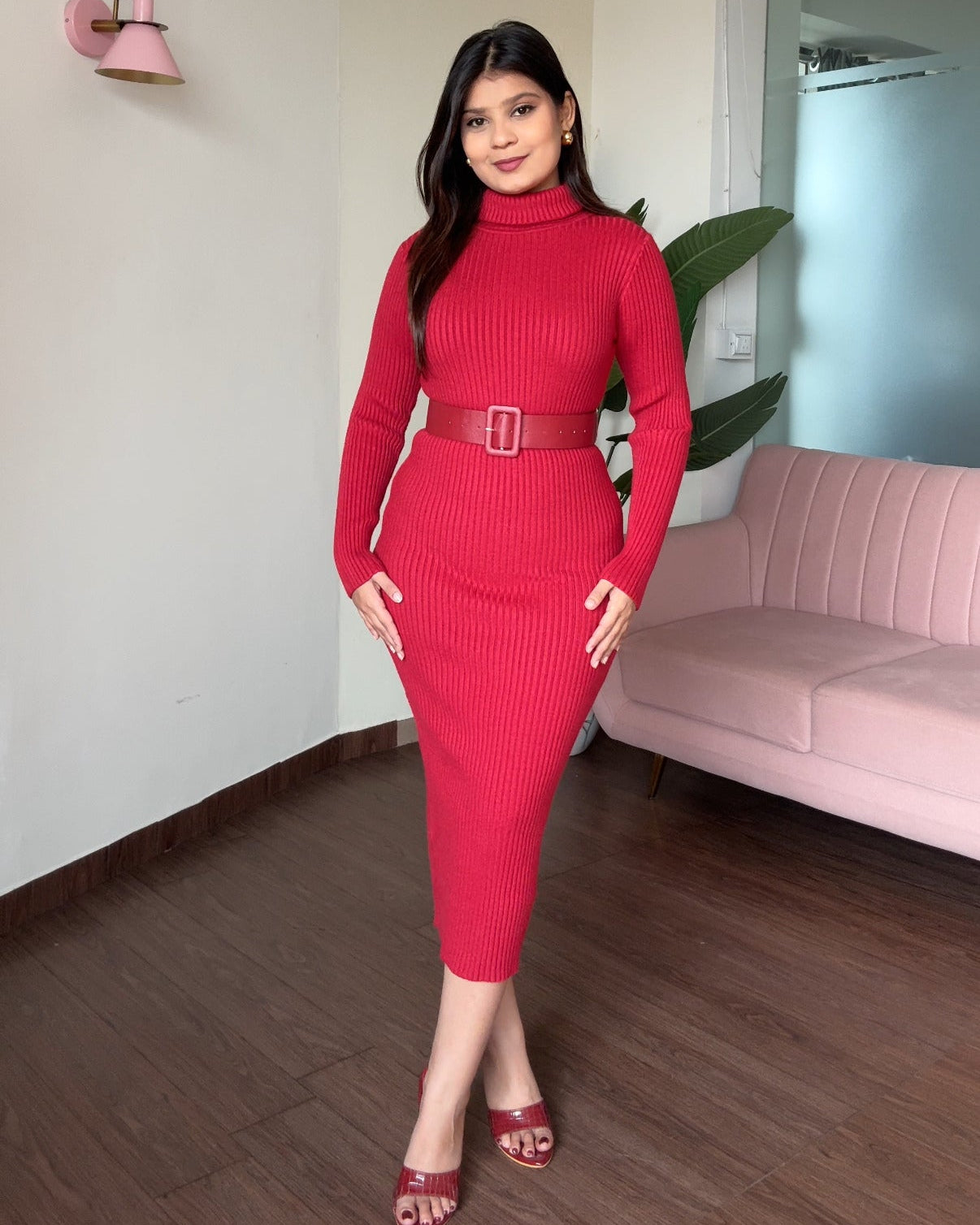 Turtle Neck Bodycon Midi Dress With Belt