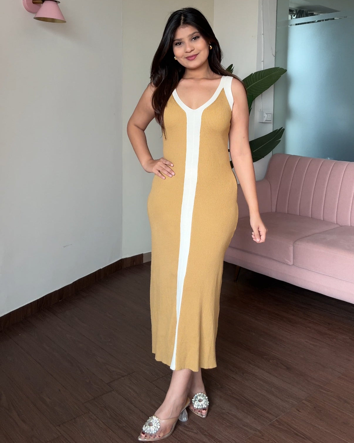 Contrast Detailing Ribbed Knitted Midi Dress