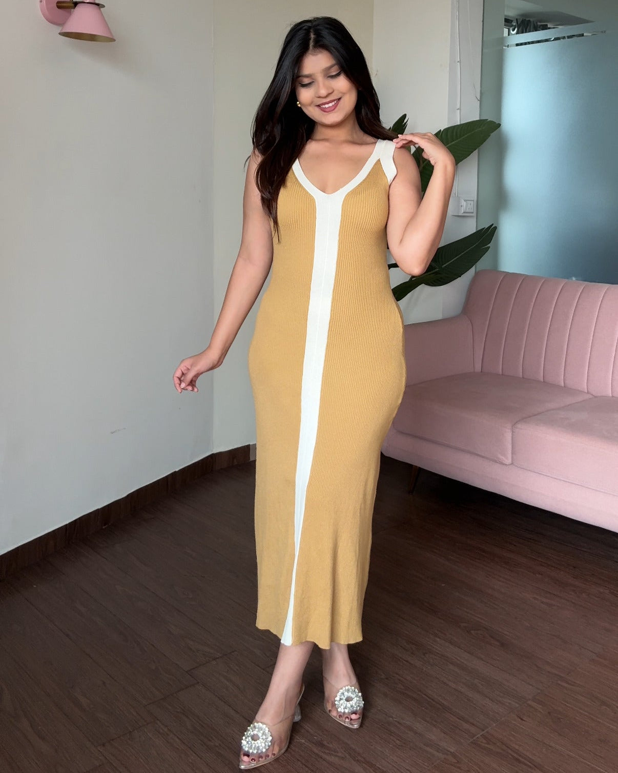 Contrast Detailing Ribbed Knitted Midi Dress