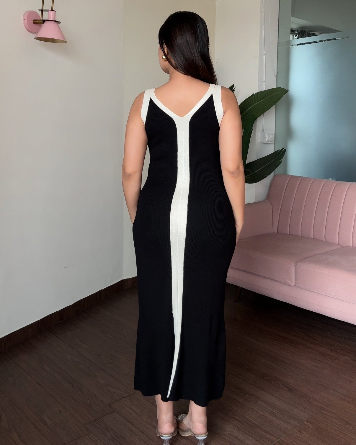 Contrast Detailing Ribbed Knitted Midi Dress