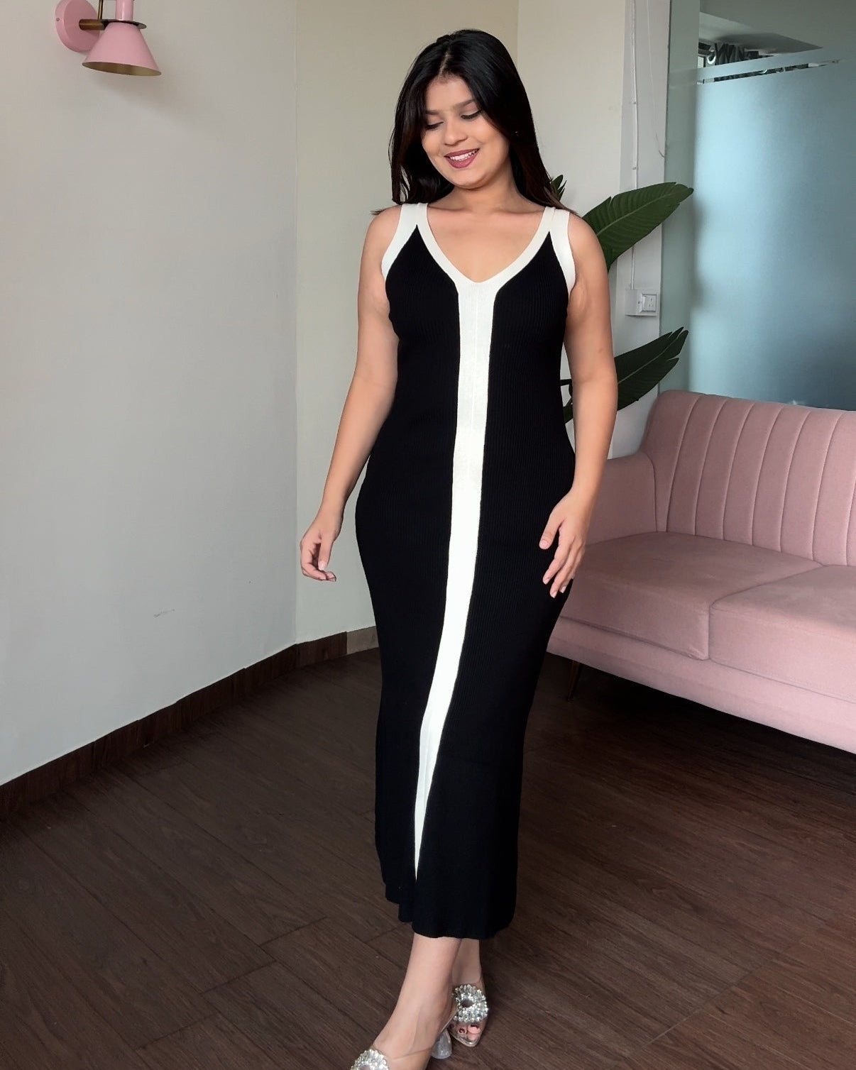 Contrast Detailing Ribbed Knitted Midi Dress