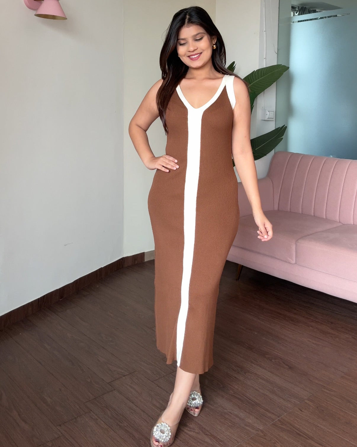 Contrast Detailing Ribbed Knitted Midi Dress