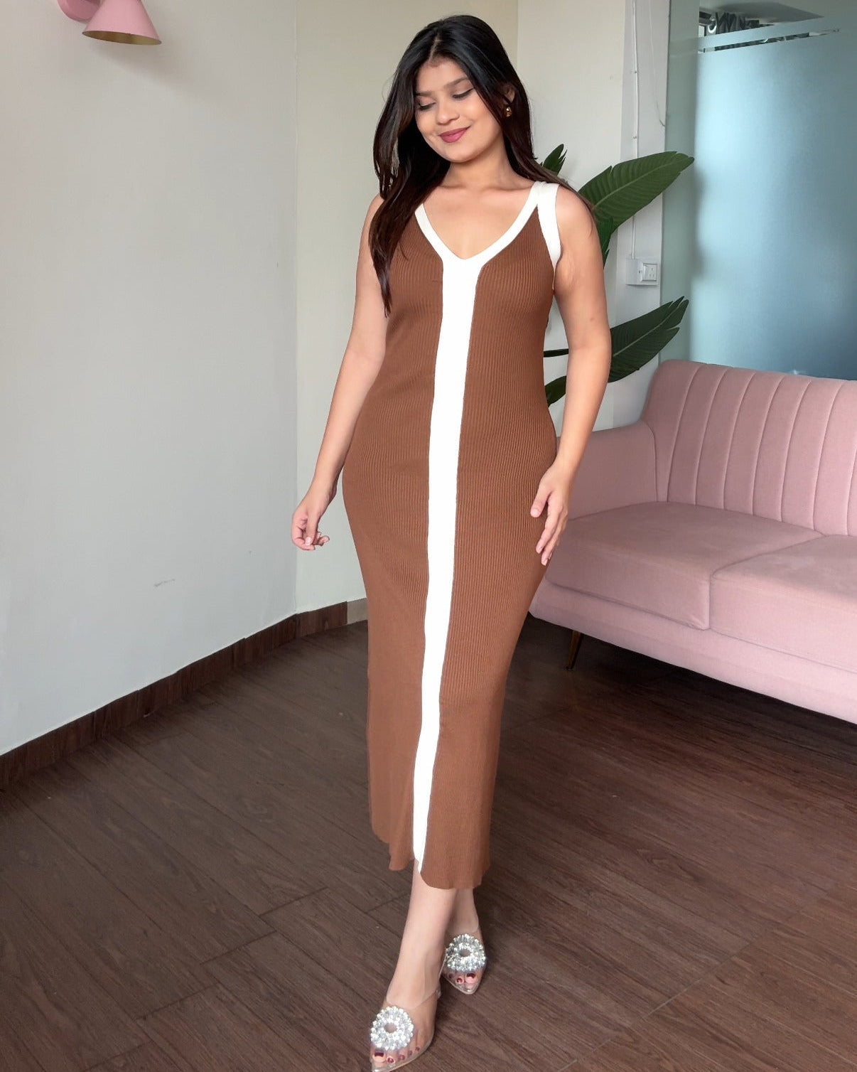 Contrast Detailing Ribbed Knitted Midi Dress