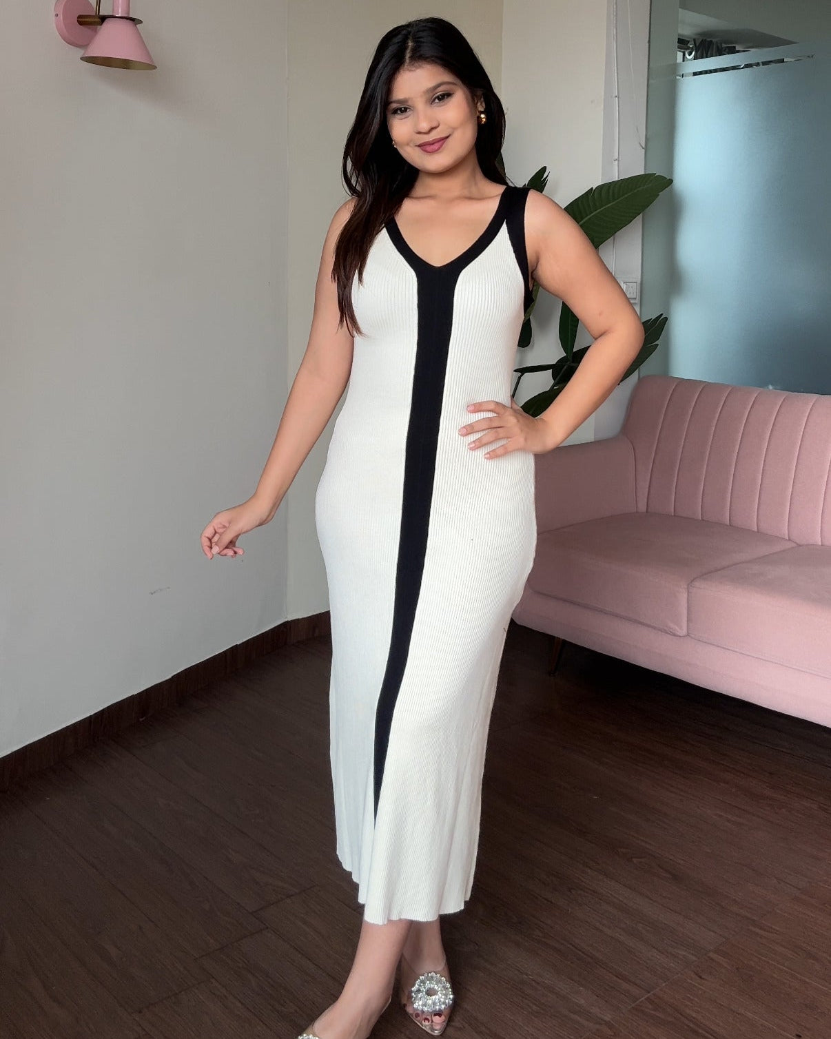 Contrast Detailing Ribbed Knitted Midi Dress