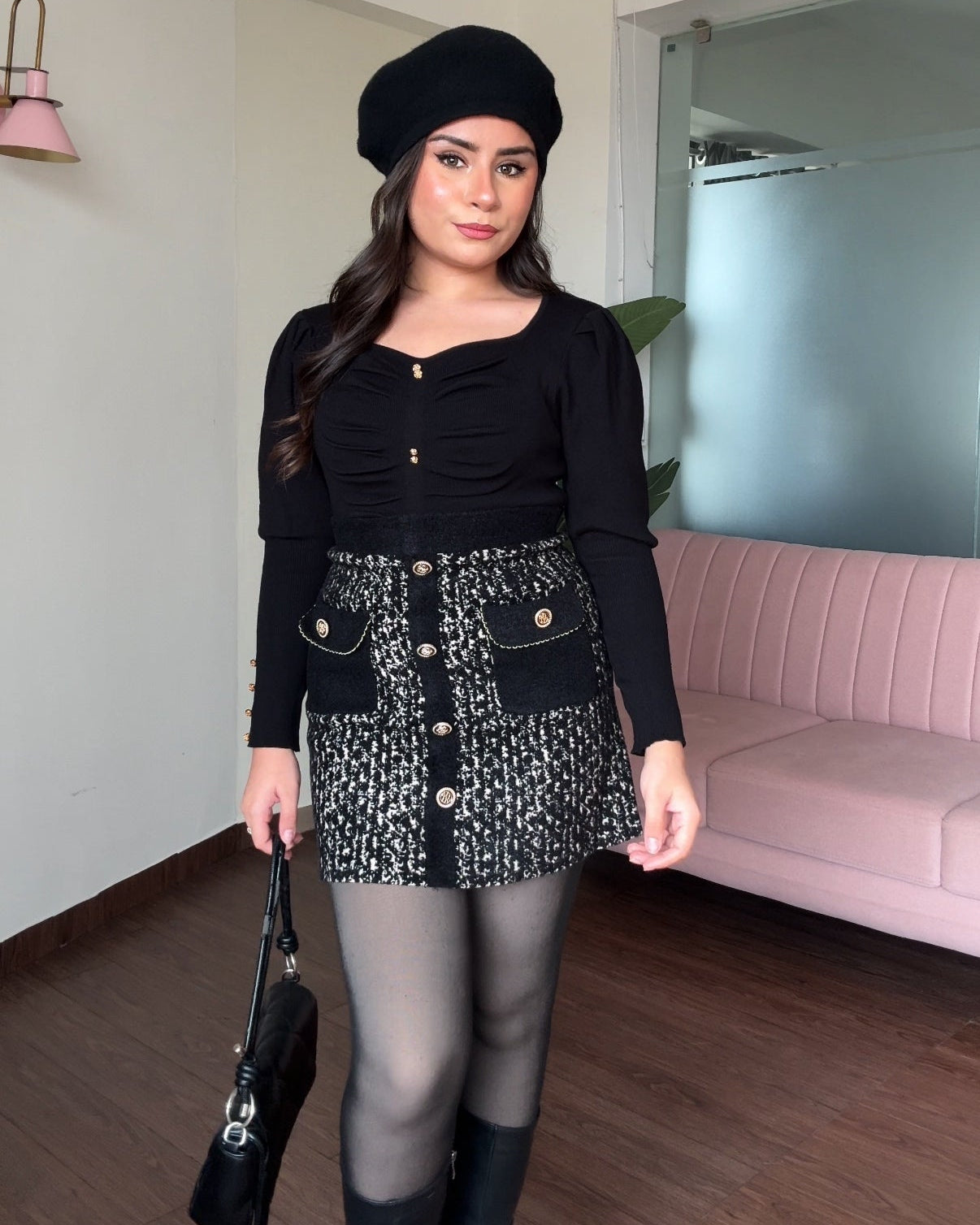 Woollen Golden Detailing Mini Skirt