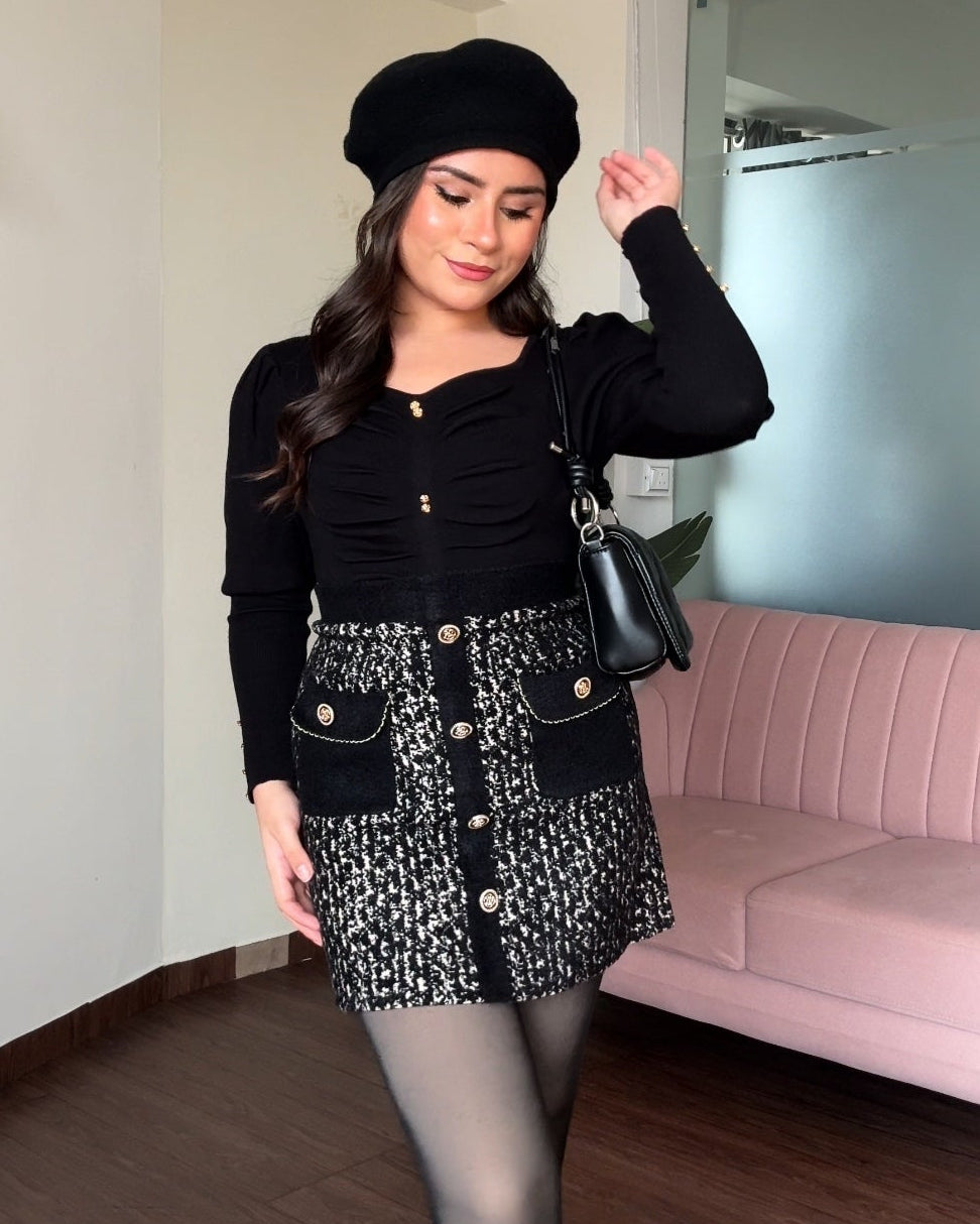 Golden Button Puff Sleeve Diamond Neck Top