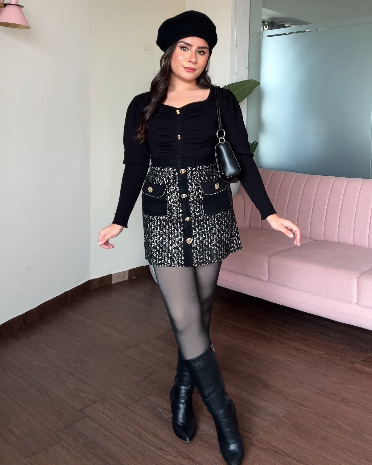 Woollen Golden Detailing Mini Skirt