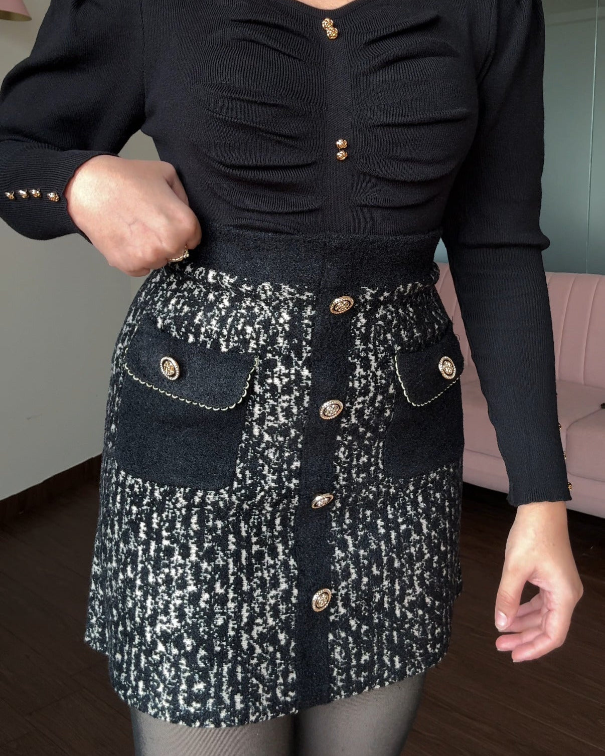 Woollen Golden Detailing Mini Skirt